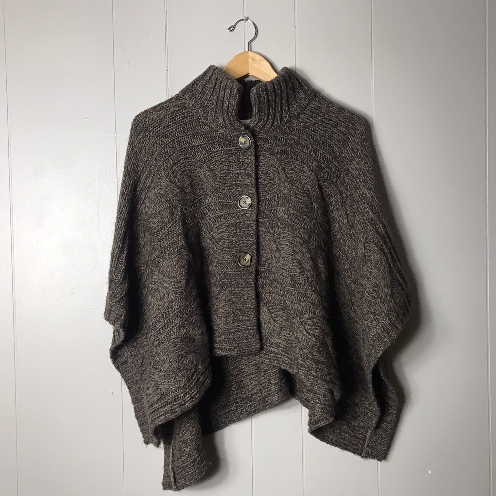 DECREE BROWN CABLE KNIT PONCHO HIGH NECK 3 BUTTON CLOSURE SWEATER WOMENS LARGE - Picture 7 of 7